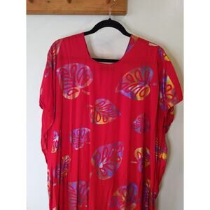 Coral Red Leaf Print Kaftan Caftan Maxi Dress Coverup One Size BohoList